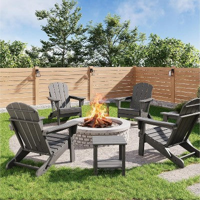 coucheta Folding Adirondack Chairs Set of 4 with 2 Side Table, HDPE Outdoor Chairs with Wood Texture, Weather Resistant for Deck, Patio, Pool, Grey