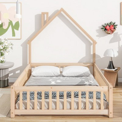 CAVINAS Kids Montessori Bed with House-Shaped Headboard,Floor Bed with Fence,Twin/Full Size Toddler Bed for Bedroom,Gray/White/Brown