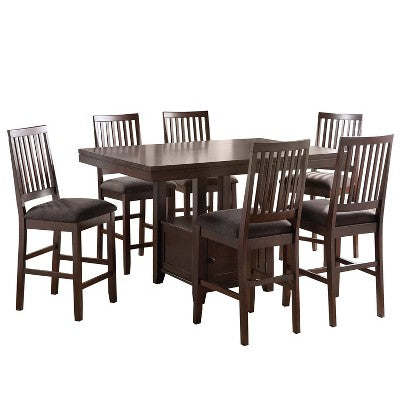7pc Yorktown Counter Storage Dining Set Espresso - Steve Silver Co.: Mindi Veneer, Gray Tweed Seats