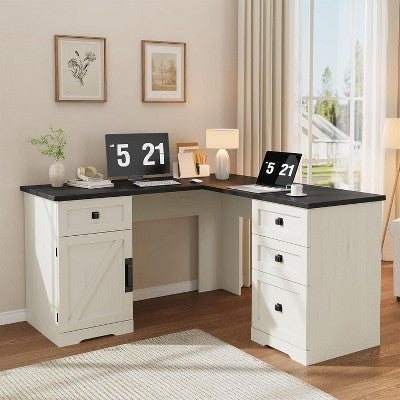 Acekool 60" Executive L-Shaped Farmhouse Desk with File Drawers & Adjustable Storage Cabinet, Corner Computer Desk for Home Office