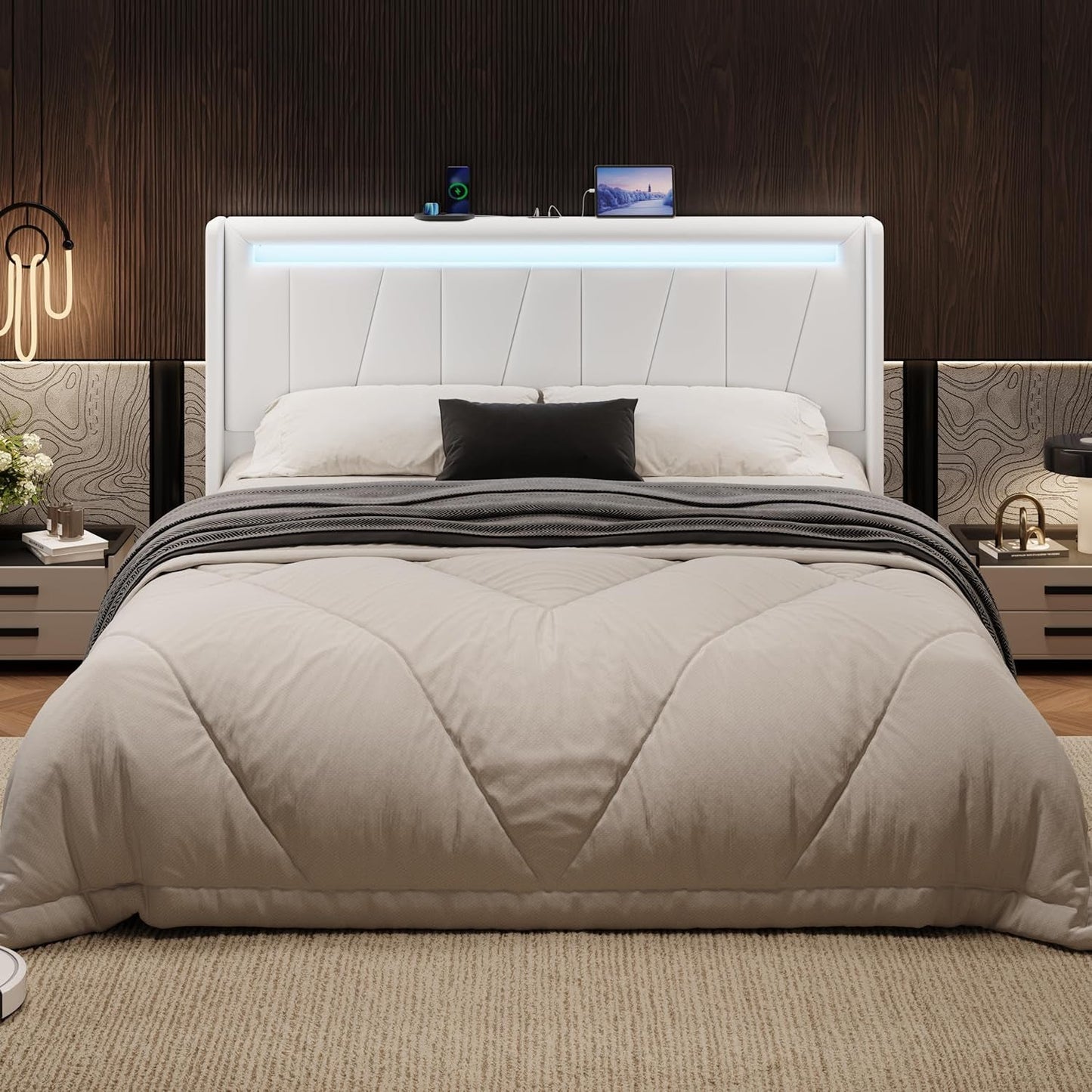 Full Size Bed Frame with Charging Station and LED Lights, Modern Velvet Platform Bed with Upholstered Geometric Wingback Headboard, No Box Spring Needed, Easy Assembly, White