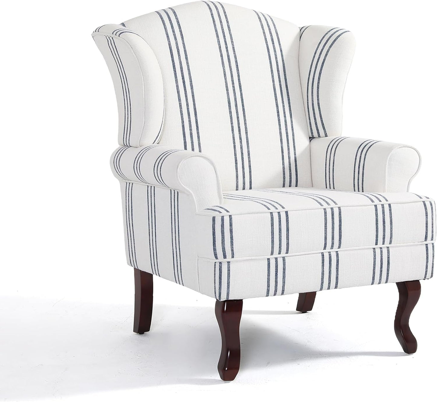 High Back Accent Chair, Upholstered Armchair in Fabric with Solid Wood Legs, Retro Arm Chair Comfy Single Sofa Reading Seat for Living Room - Navy Stripe