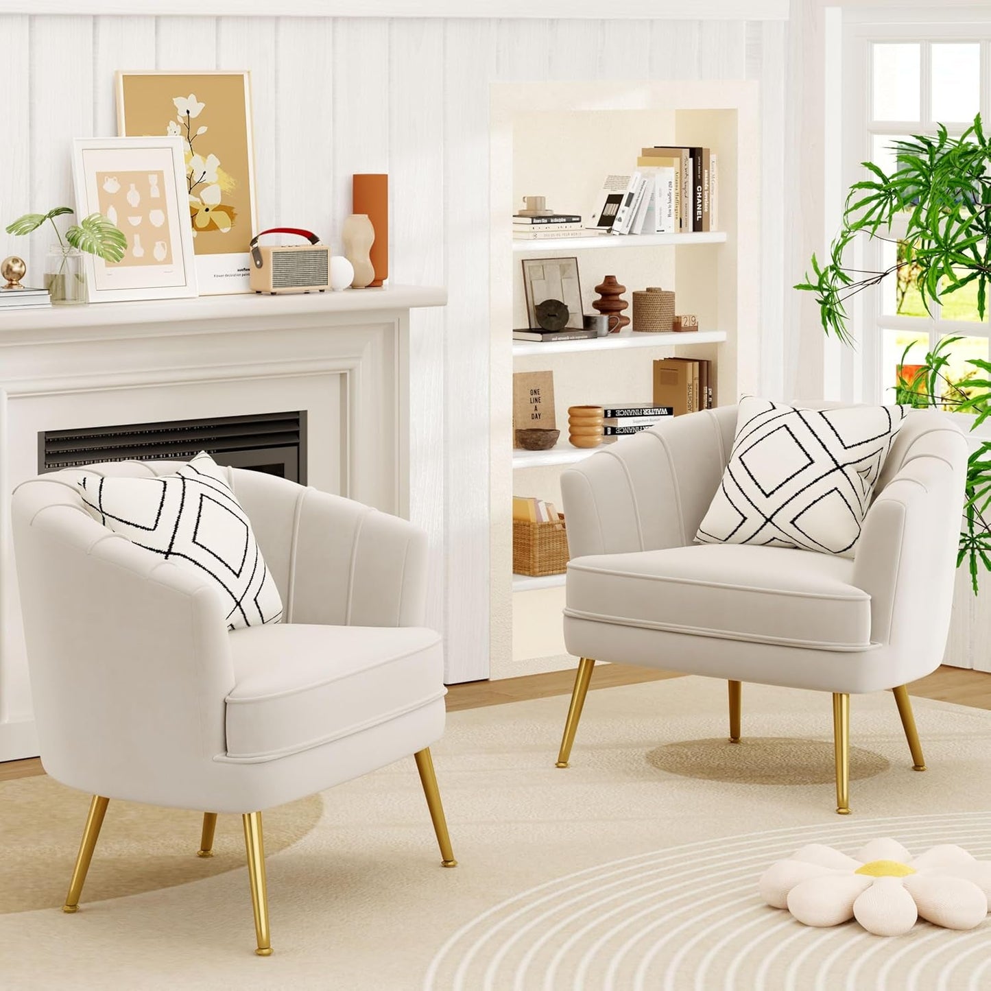 Velvet Accent Chair Set of 2, Upholstered Modern Single Sofa Side Chair,Comfy Barrel Club Living Room Armchair with Golden Metal Legs for Bedroom Living Reading Room Office, Beige