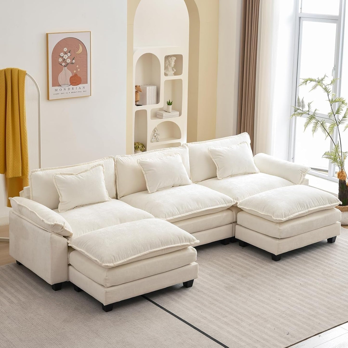 Modular Sectional Sofa, Comfy Cloud Couch Sectional Sofa with Ottoman, Chenille Sofa Sleeper Deep Seat Sofa with Throw Pillows for Living Room (Beige White, 120"- U Shape)
