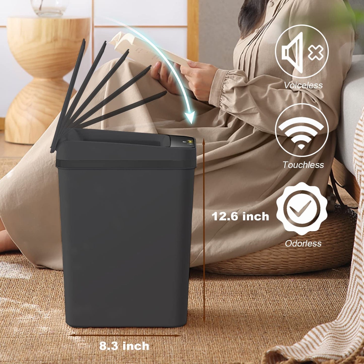 Touchless Bathroom Trash Can - 2.5 Gallon Smart Trash Can Sensor Motion - Skinny Trash Bin with Lid - Electric, Narrow, Plastic, Auto Open - Small Slim Automatic Garbage Can (Black)