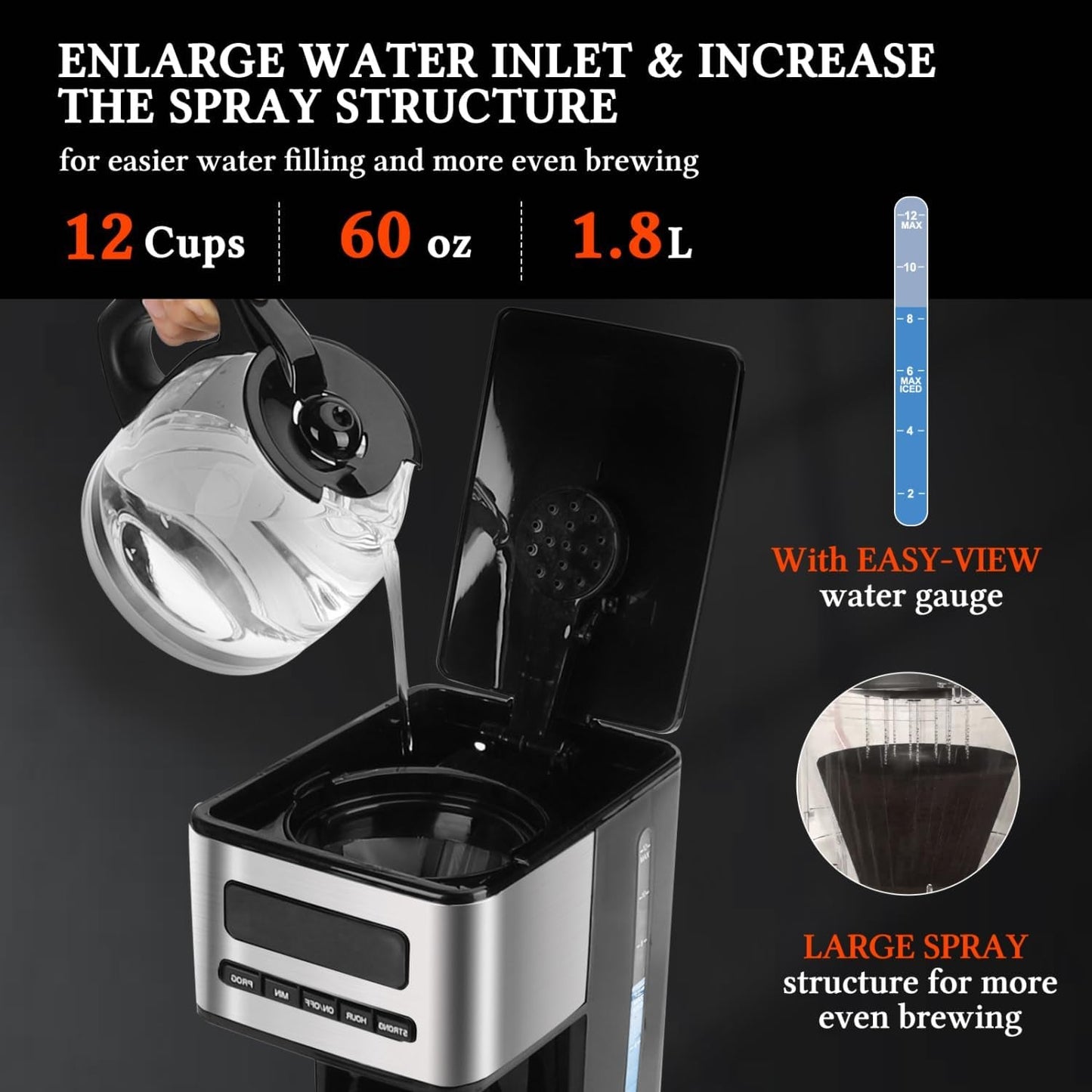 Programmable Coffee Makers 12 Cup, Hot and Iced Coffee Maker, 4 Brew Strength, LED Display, 24H Timer, Keep Warm&Auto Shutoff- Drip Coffee Machine for Home/Office, Black &Stainless Steel
