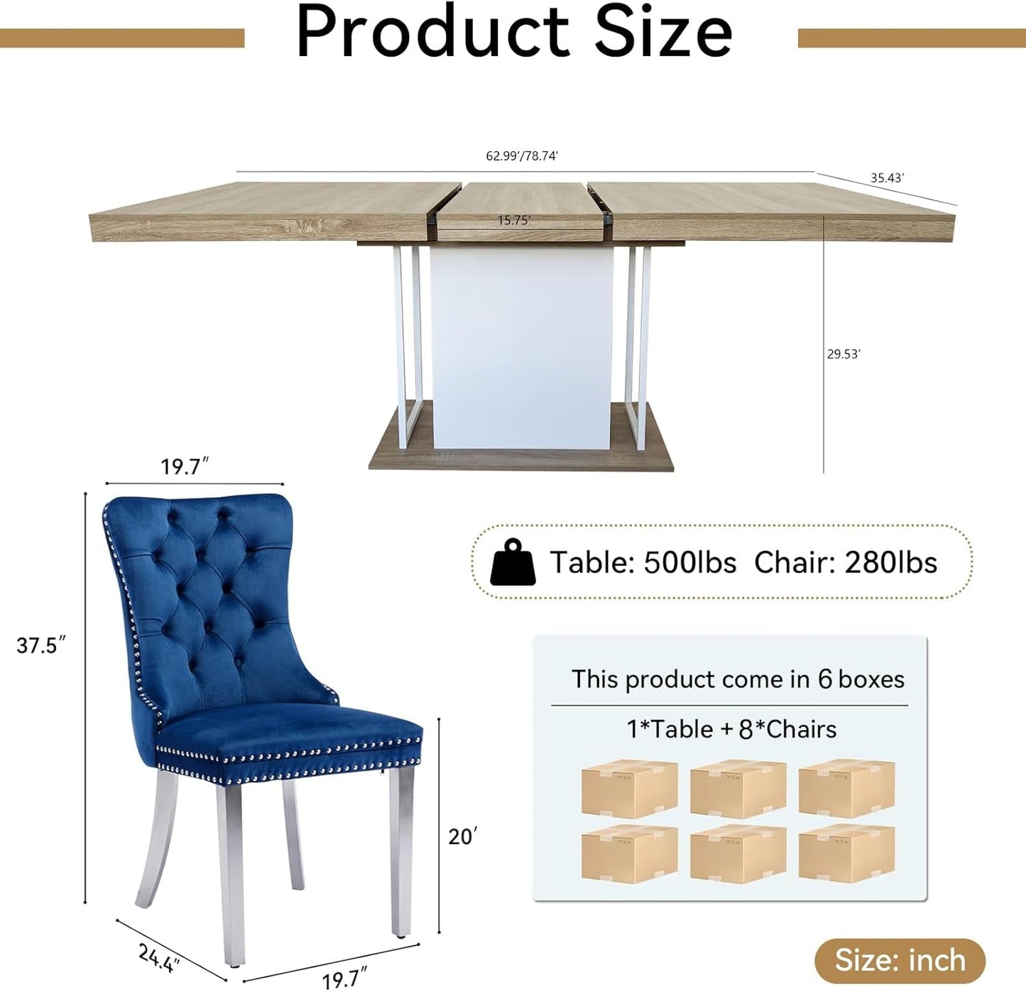 Extendable Dining Room Table Set for 8, 9-Piece Rectangle Kitchen Dining Room Table Set with Wood Base and 8 Blue Velvet Dining Chairs, Extending Kitchen & Dining Table Set