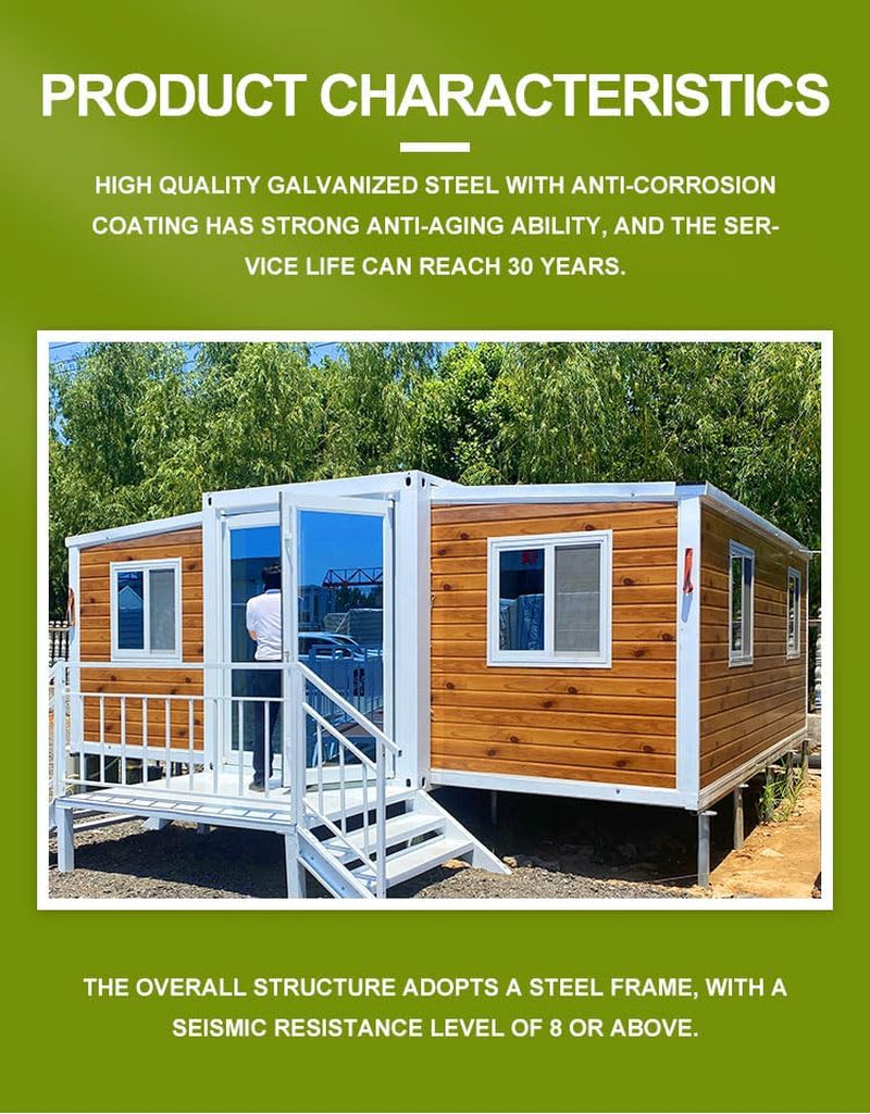 Expandable Prefab Tiny Home 20FT/40FT Luxury Container House Kit with Full Kitchen & Bath, 1-4 Bedroom Modular Design for Guest Suite or Family Residence