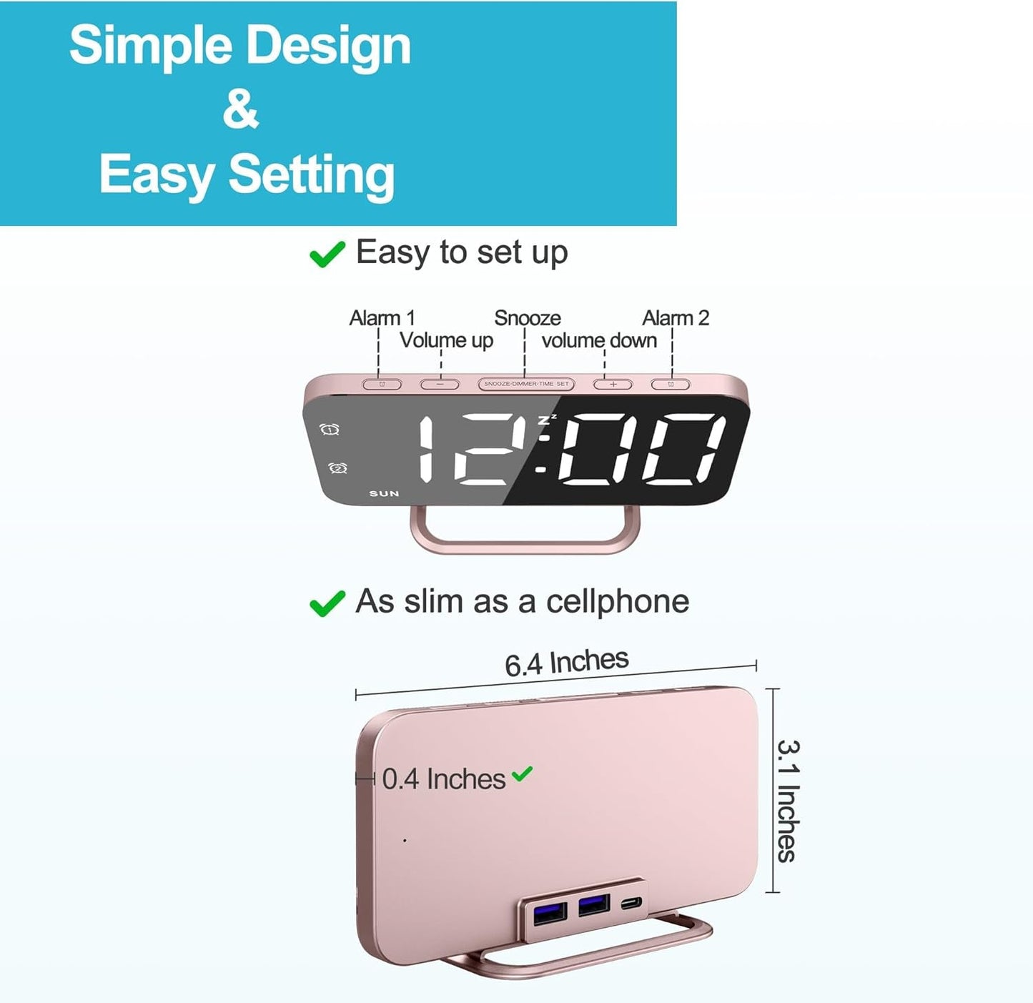 Home Deccor - Slim LED Digital Alarm Clock, Mirror Surface for Makeup, with Diming, Large Display, Easy Setting, USB Ports, Modern Decor for Bedroom, Desk, Christmas, Birthday Idea Gift for Women, Sister, Mom, Pink