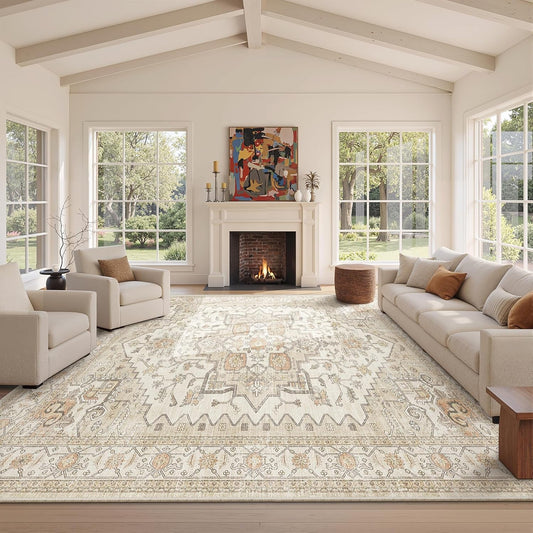 8X10 Area Rugs for Living Room, Stain Resistant Neutral Washable Rugs for Dining Room, Vintage Non-Slip Thin Large Size Area Rug, Printed Vintage Home Decor Rug(Gold