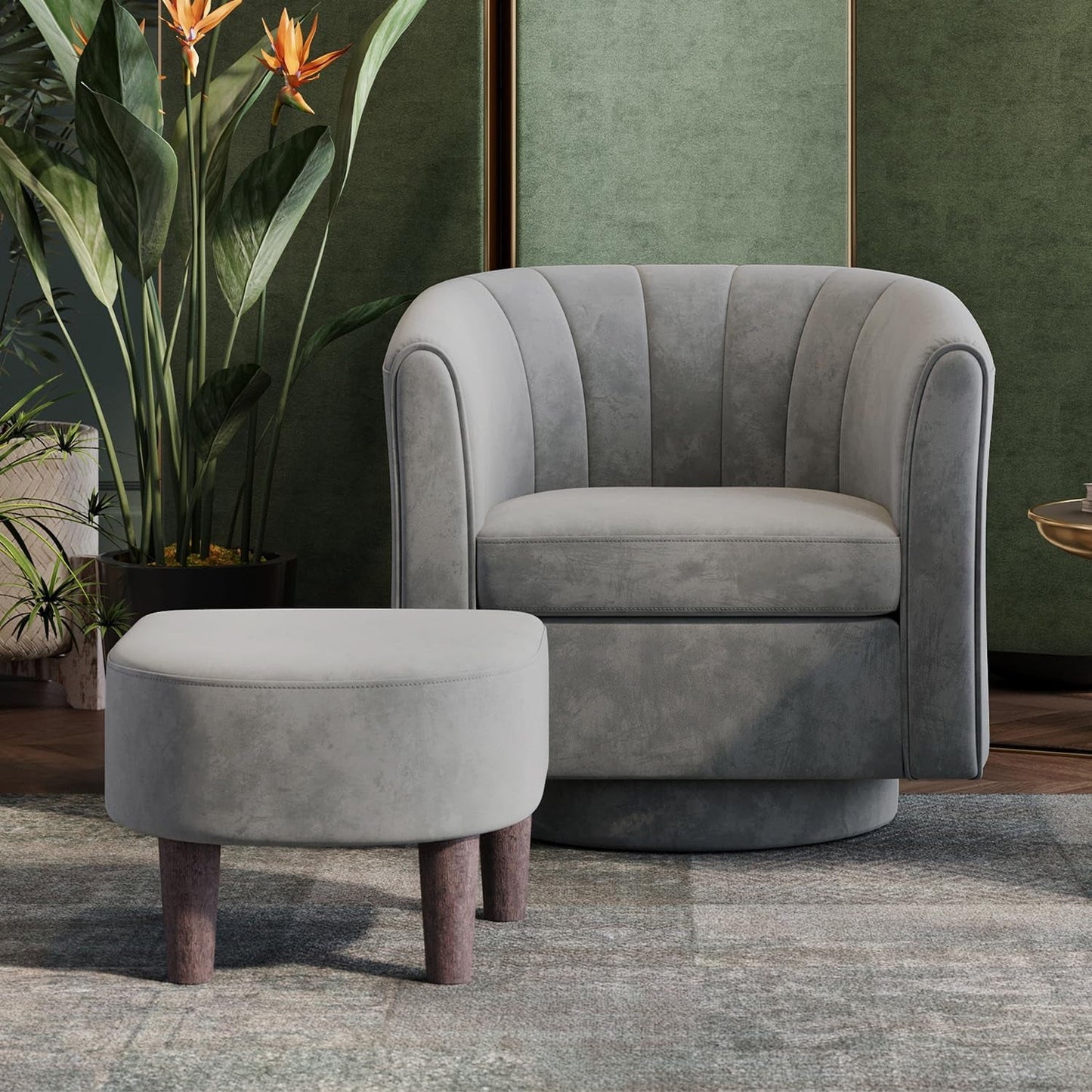 Swivel Accent Chair with Ottoman: Small Velvet Barrel Chair 360 Swivel Modern Armchair, Upholstered Reading Chair with Footrest for Living Room Bedroom Study Room (Grey)