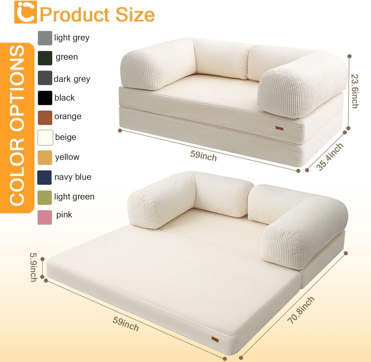 4‑In‑1 Futon Sofa Bed Queen – Floor Foldable Convertible Sofa Couch with L‑Shaped Armrests, Removable Cover, Convertible Guest Bed | Space‑Saving Fold‑Out Mattress Lounge for Living Room, Beige