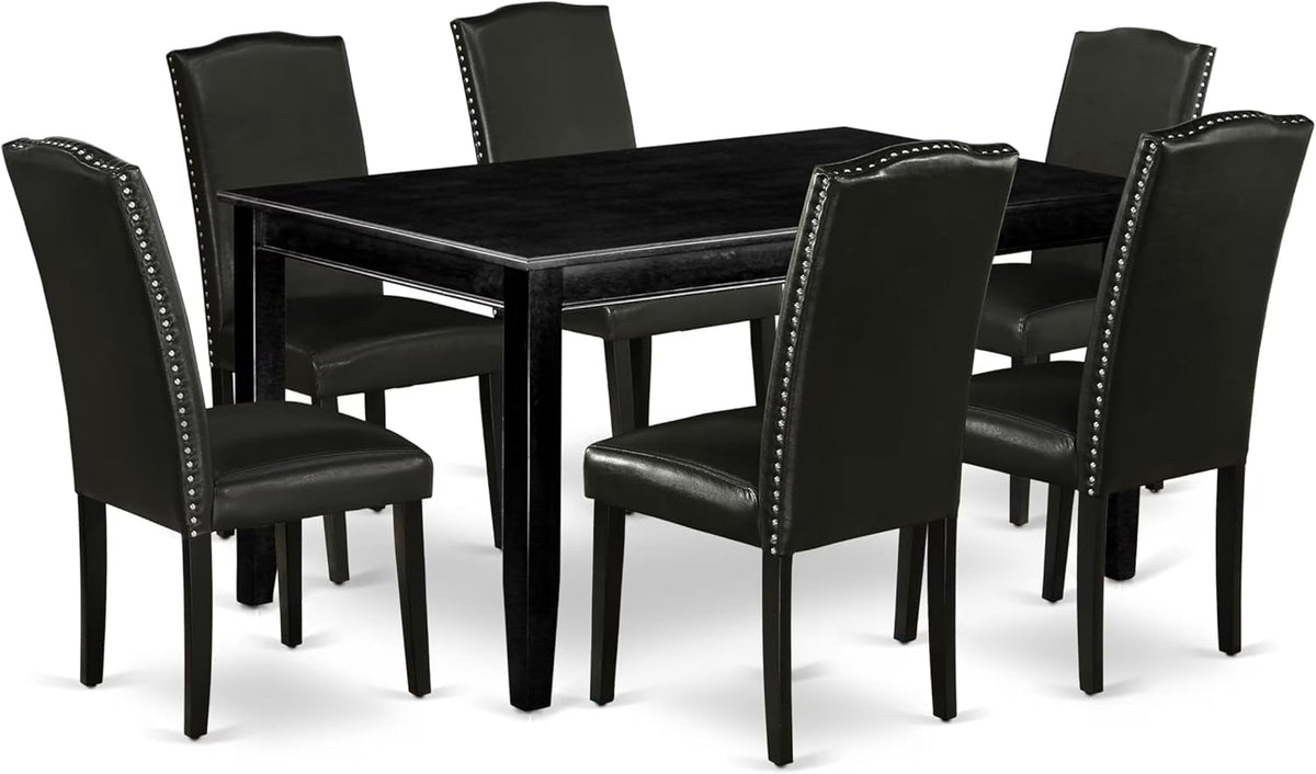 DUEN7-BLK-69 7 Piece Dining Table Set Consist of a Rectangle Kitchen Table and 6 Black Faux Leather Parson Dining Chairs, 36X60 Inch, Black