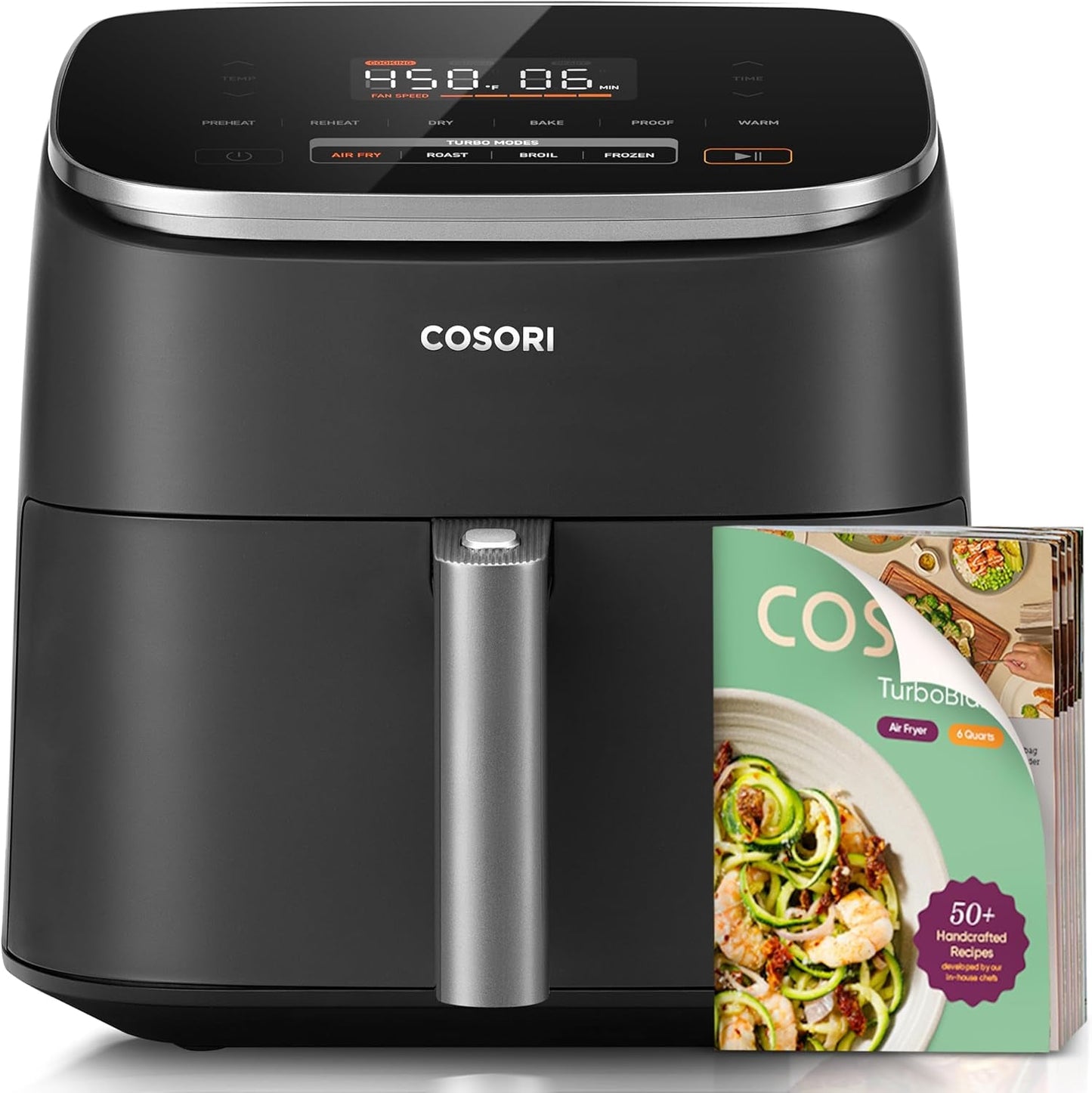 9-In-1 Turboblaze Air Fryer 6 Qt, Premium Ceramic Coating, 90°–450°F, Precise Heating for Even Results, Air Fry, Roast, Bake, Broil, Dry, Frozen, Proof, Reheat, Keep Warm, 120V, Dark Gray