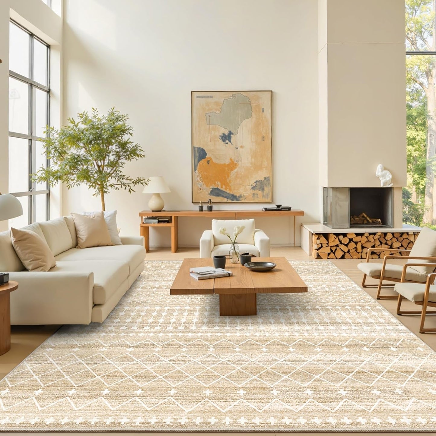 8X10 Area Rug for Living Room Moroccan Washable Rugs Non Slip Indoor Floor Carpet Foldable Large Soft Area Rug for Dining Room Bedroom with Low Pile(Beige,8'X10')