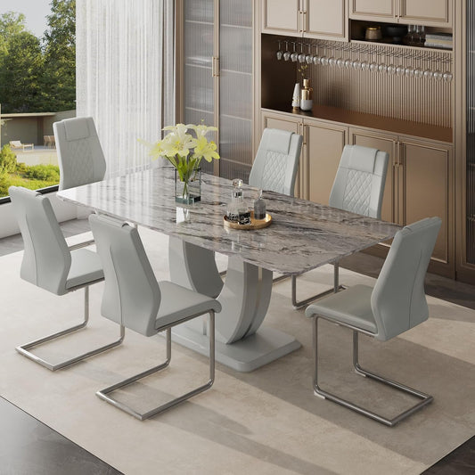 71" Faux Marble Dining Table Set for 6, Modern Grey Dining Room Table Set with Tempered Glass Top and Sturdy Base, Rectangle Kitchen Table and Upholstered Chairs Set for Home