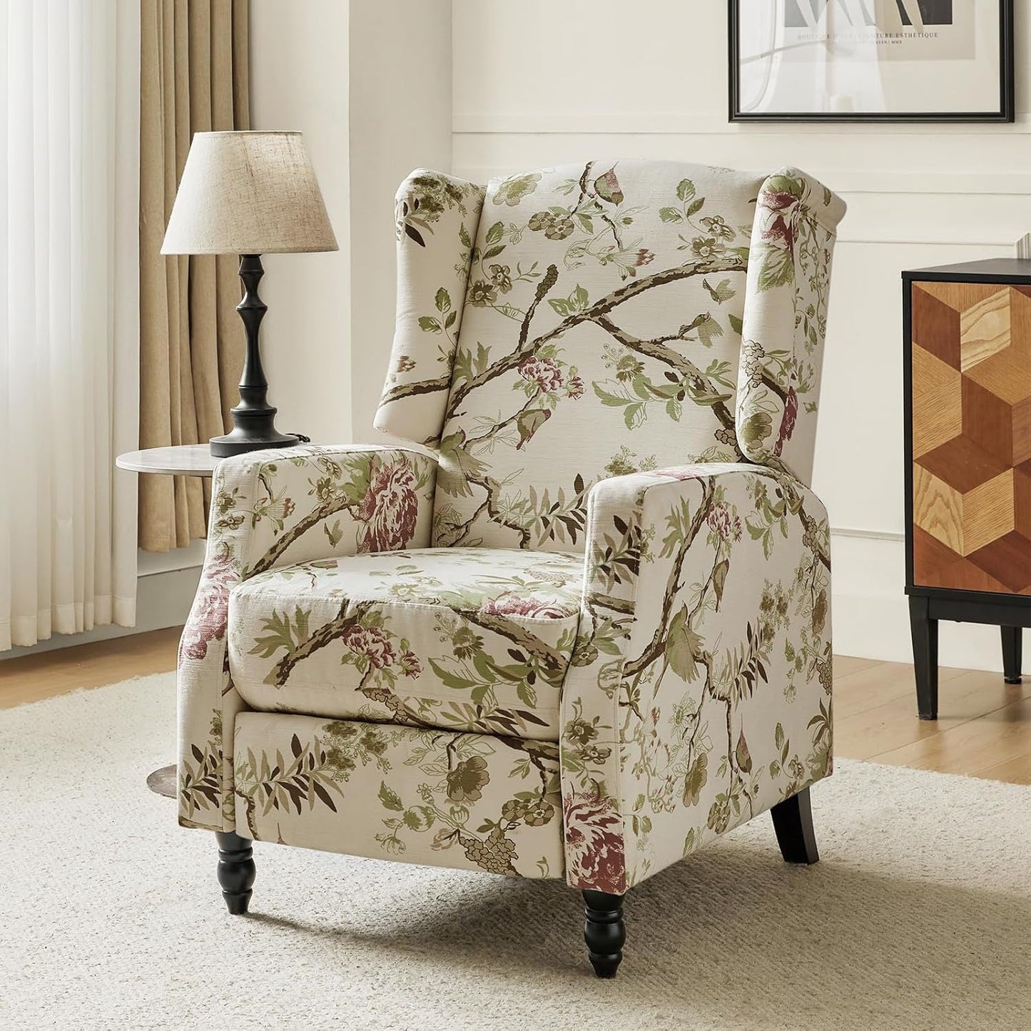 Wingback Recliner Chair, Traditional Push Back Recliner Single Sofa Chair with Solid Wood Legs, Modern Lounge Armchair for Living Room, Comfy Upholstered Accent Reclining, Bird