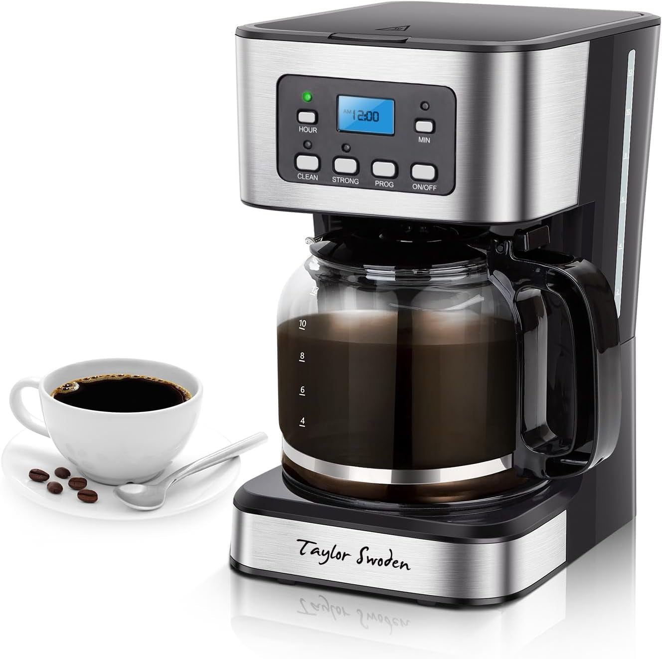 12-Cup Programmable Coffee Maker, Regular & Strong Brew Drip Coffee Machine for Home and Office, Glass Carafe, Pause & Serve, Auto Shut Off, Black & Stainless Steel