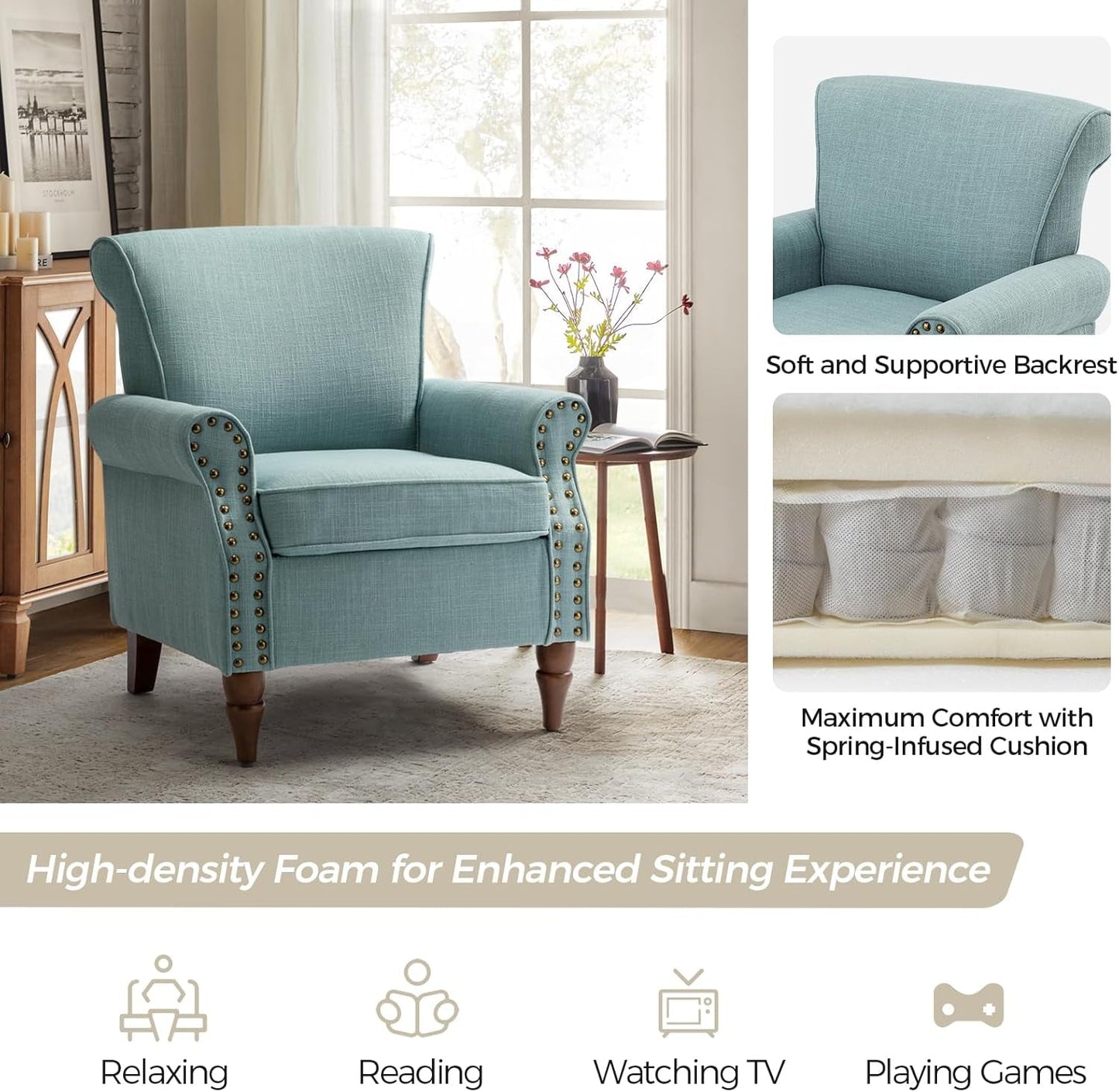 Accent Chair with Wood Legs & Removable Cushion, Modern Wingback Armchair with Nailhead Trim, Comfy Upholstered Lounge Chair, Single Sofa Chairs for Living Room Bedroom, Blue