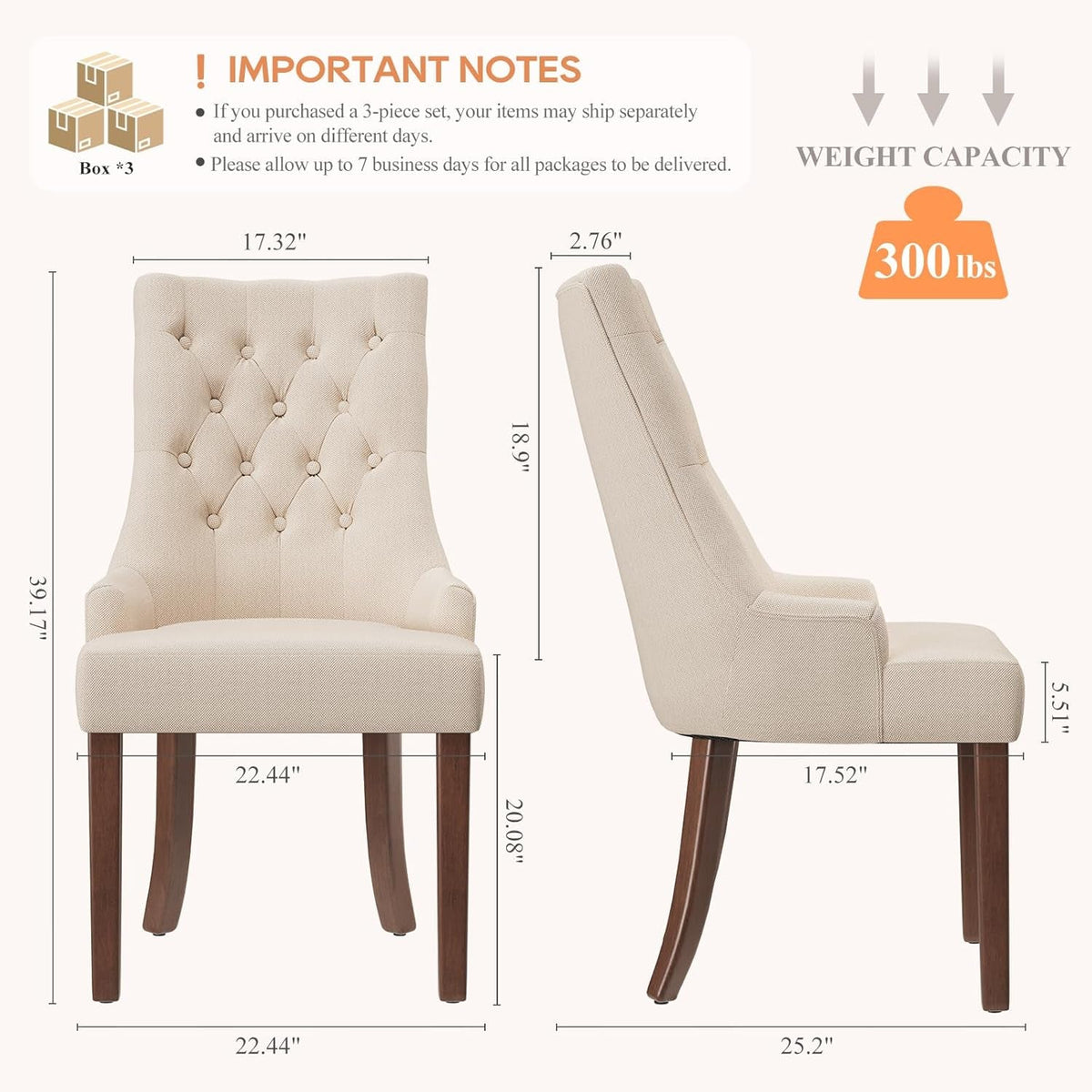 Fabric Side Dining Chairs Set of 6, Wingback Upholstered Dining Room Chairs with Tufted Button, Living Room Chairs for Home Kitchen, Beige