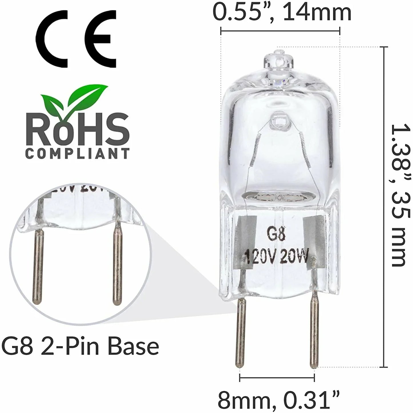 Simba Lighting Halogen Light Bulb G8 T4 20W JCD Bi-Pin Shorter 1.38" Length 120V, 2700K, 10-Pack