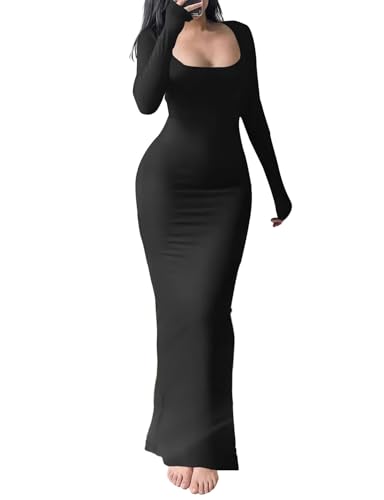 HBQ Women's Bodycon Maxi Dress Long Sleeve Square Neck Lounge Dresses Sexy Night Out Party Dress