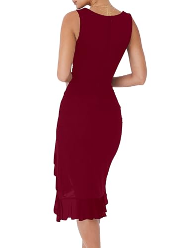 BORIFLORS Women's Sexy Ruched Bodycon Midi Dresses Square Neck Sleeveless Ruffle Hem Club Party Tank Dress