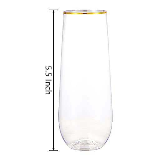 N9R 24PCS Plastic Champagne Flutes, 9 Oz Stemless Disposable Gold Rim Toasting Glasses, Crystal Clear Cocktail Cups Drinkw...