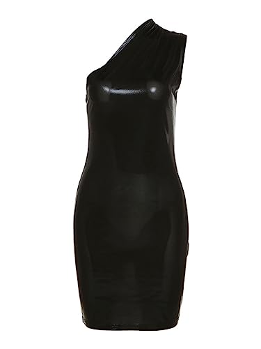 Famnbro Women's Metallic Dress Sleeveless One Shoulder Shiny Bodycon Sexy Club Mini Dresses