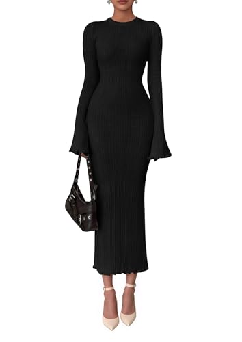 PRETTYGARDEN Sweater Dresses for Women 2026 Fall Bell Long Sleeve Crew Neck Bodycon Maxi Dress Winter Ribbed Knit Outfits