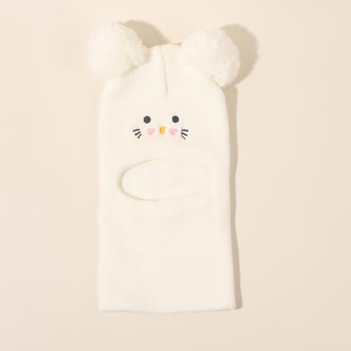 White Knit Balaclava Beanie and Neck Warmer hat,cat Embroidery, Stretch Fit, Suitable, Daily and Casual Wear, Birthday, Ho...
