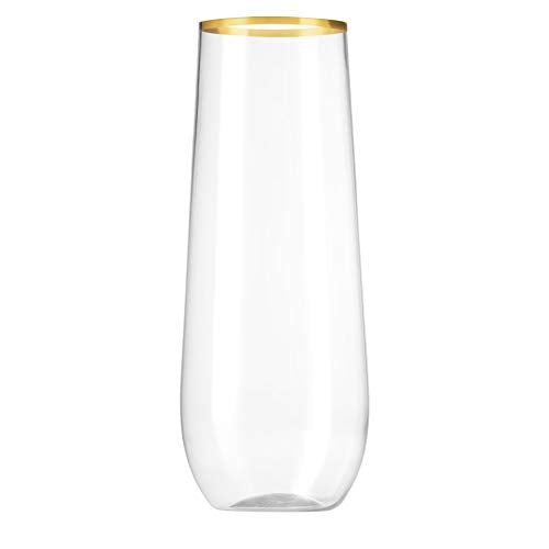 Munfix 48 Pack Stemless Plastic Champagne Flutes Disposable 9 Oz Gold Rim Clear Plastic Toasting Glasses Shatterproof Recy...