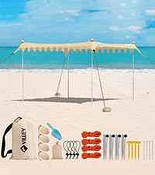 VILLEY Beach Tent Sun Shelter with UPF50+ Protection, 11×10FT Portable Sun Shade with 4 Stability Poles, 8 Ground Pegs, 4 Sandbags and Sand Shovel, Outdoor Beach Canopy for Camping Trips, Picnics