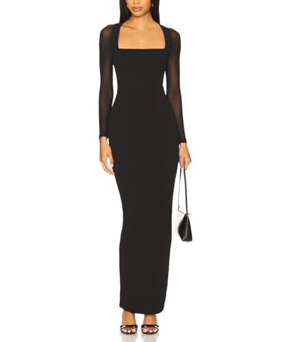 Capuffy Women Sheer Mesh Long Sleeves Maxi Dress Square Neck Bodycon Long Dresses Back Vent Cocktail Party Dress 475