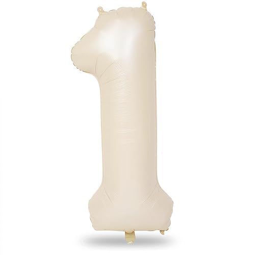 40 Inch Beige Number 1 Balloon for 1st Birthday Decoration, Large Self Inflating Cream Foil Number Balloons 0-9 for Boys G...