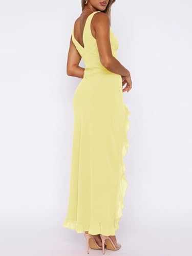 Women Sexy V Neck Sleeveless Mesh Ruffle Hem Bodycon Maxi Casual Backless High Slit Cocktail Party Dress