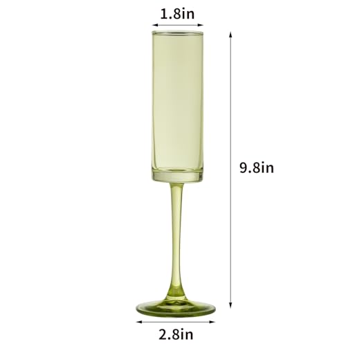 6 Pieces Green Champagne Flutes 6 OZ Straight Sided Wine Glasses Champagne Long Stem Drinking Colored Glasses,Set of 6 Han...