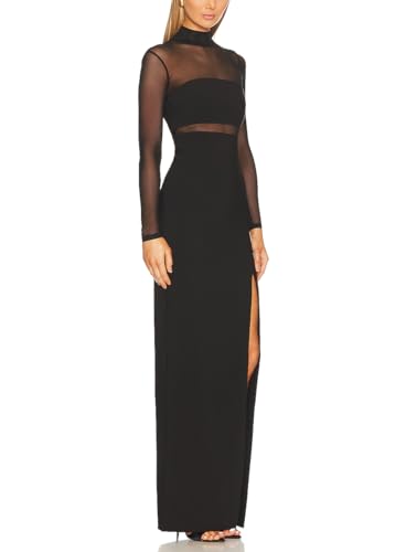 Aigeman Women See Through Mesh Long Sleeves Maxi Dress Turtleneck Bodycon Long Dresses Side Slit Cocktail Party Dress 451
