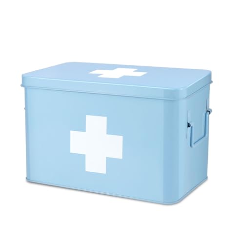 Flexzion First Aid Box Organizer Empty 13" Blue Vintage First Aid Kit Tin Metal Medical Box - First Aid Storage Box Contai...