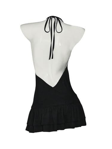 SOLY HUX Women's Sparkly Rhinestone Halter Mini Dress Sexy V Neck Sleeveless Layered Ruffle Party Club Summer Dresses