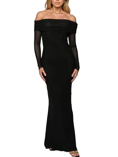 BORIFLORS Women's Elegant Off The Shoulder Bodycon Long Sleeve Maxi Dress Mesh Cocktail Party Wedding Guest Formal Dresses