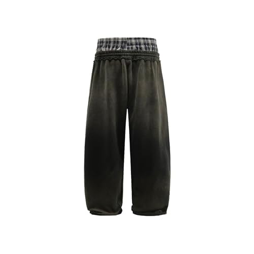 Aelfric Eden Double Waist Washed Baggy Sweatpants Loose Wide Leg Plaid Patchwork Casual Pants with Pockets