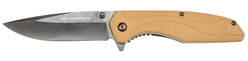 Smith & Wesson SW1103 8.07in Stainless Steel Folding Knife with 3.5in Drop Point Blade and FDE Nylon Handle for Outdoor, T...