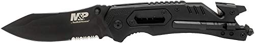 Smith & Wesson M&P 8.5in High Carbon S.S. Spring Assisted Folding Knife with 3.5in Serrated Drop Point Blade and Rubber Ha...