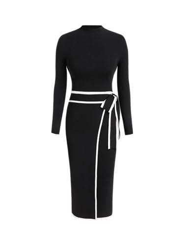CIDER Sweater Dress for Women Long Sleeve Dress Mock Turtleneck Bow Tie Midi Work Dresses Old Money Dresses Fall Winter