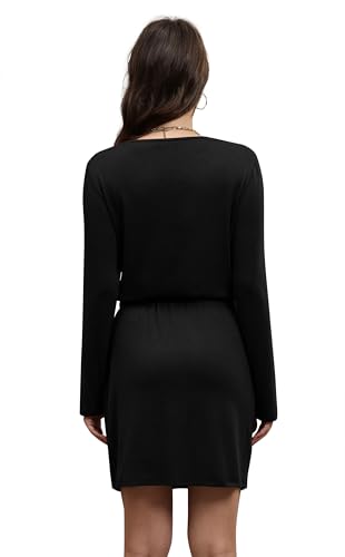 OFEEFAN Fall Dresses for Women 2025 Loose V Neck Long Sleeve T Shirts Casual Sundresses Tie Front A-Line Dresses