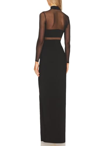 Aigeman Women See Through Mesh Long Sleeves Maxi Dress Turtleneck Bodycon Long Dresses Side Slit Cocktail Party Dress 451