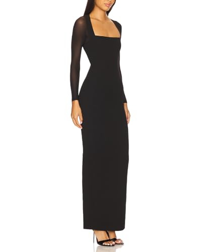 Capuffy Women Sheer Mesh Long Sleeves Maxi Dress Square Neck Bodycon Long Dresses Back Vent Cocktail Party Dress 475