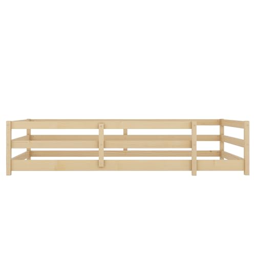 OYN Twin Floor Bed, Montessori Bed Frame with High Fence, Pine Wood Montessori Floor Bed for Kids, Girls, Boys, Natural