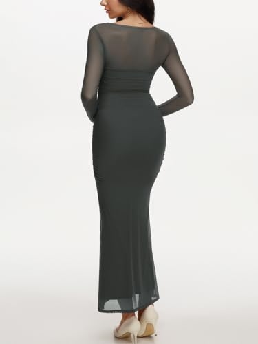 REORIA Long Sleeve Wedding Guest Maxi Dresses for Women Sheer Mesh Square Neck Ruched Bodycon Long Dress 2025 Fall Outfits